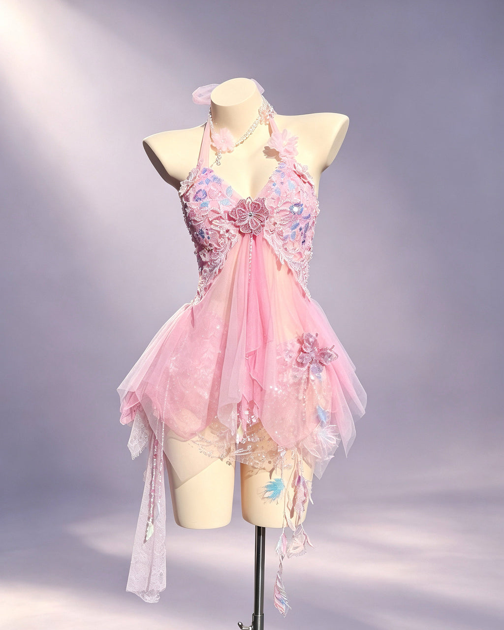 Aster blush pink floral festival set by AVRY with built-in bra top, embroidered wrap skirt and crystal details, front view