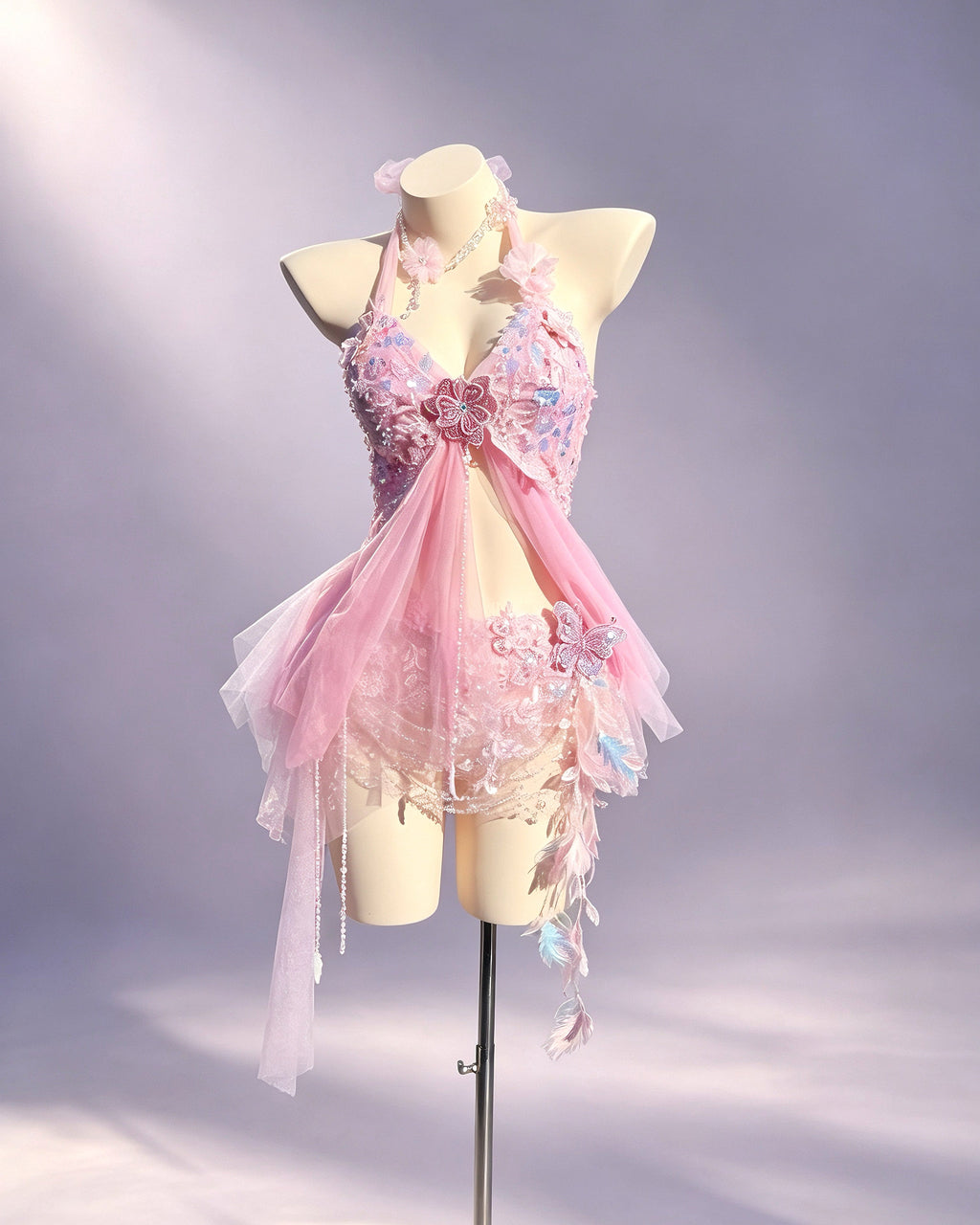 Aster blush pink floral festival set by AVRY with built-in bra top, embroidered wrap skirt and crystal details, front view
