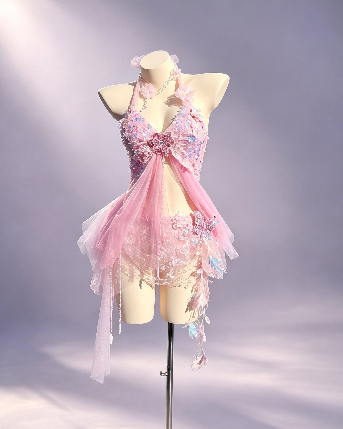 Aster blush pink floral festival set by AVRY with built-in bra top, embroidered wrap skirt and crystal details, front view