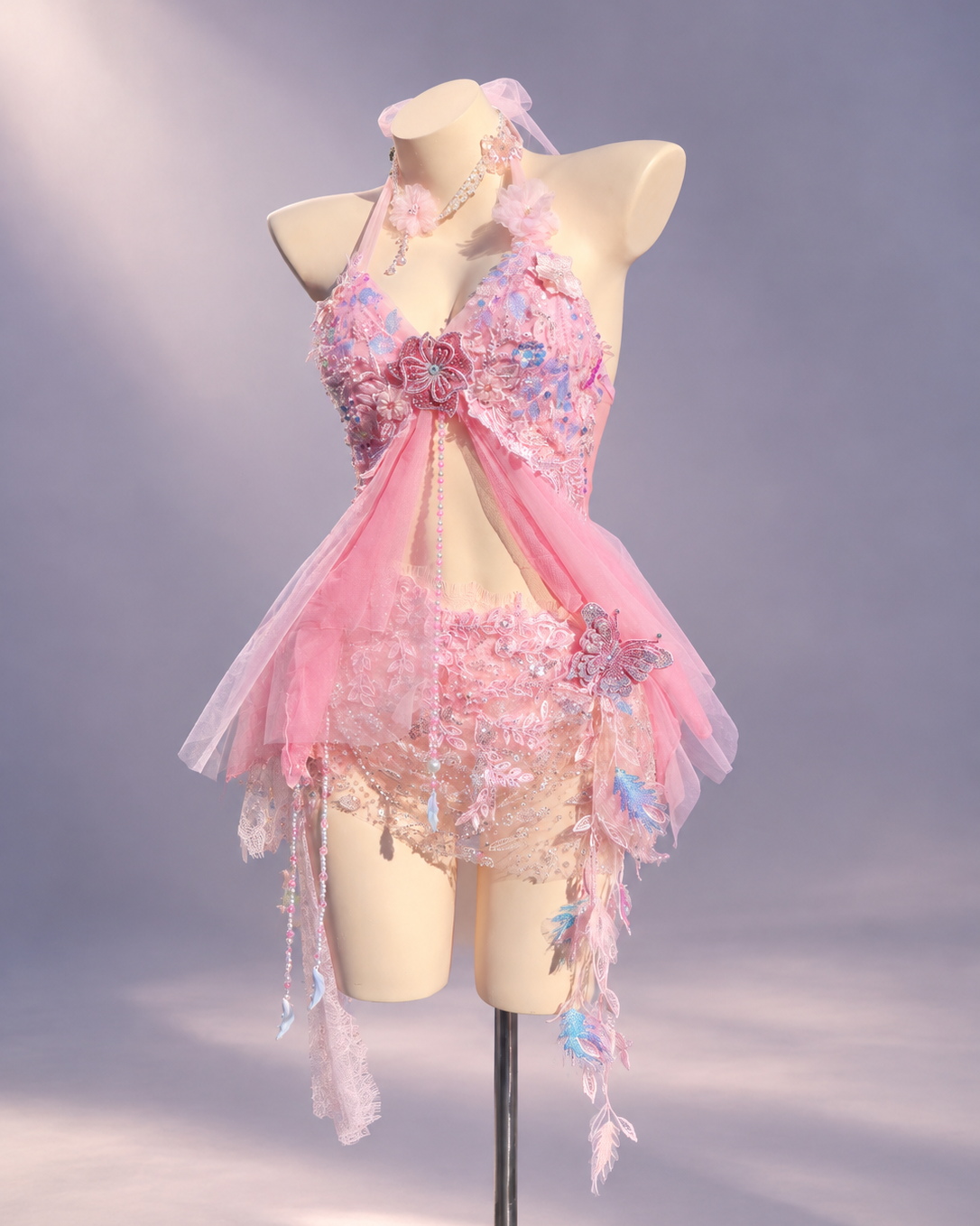 Aster New Forest Collection set by AVRY featuring blush florals, crystal accents and layered sheer draping