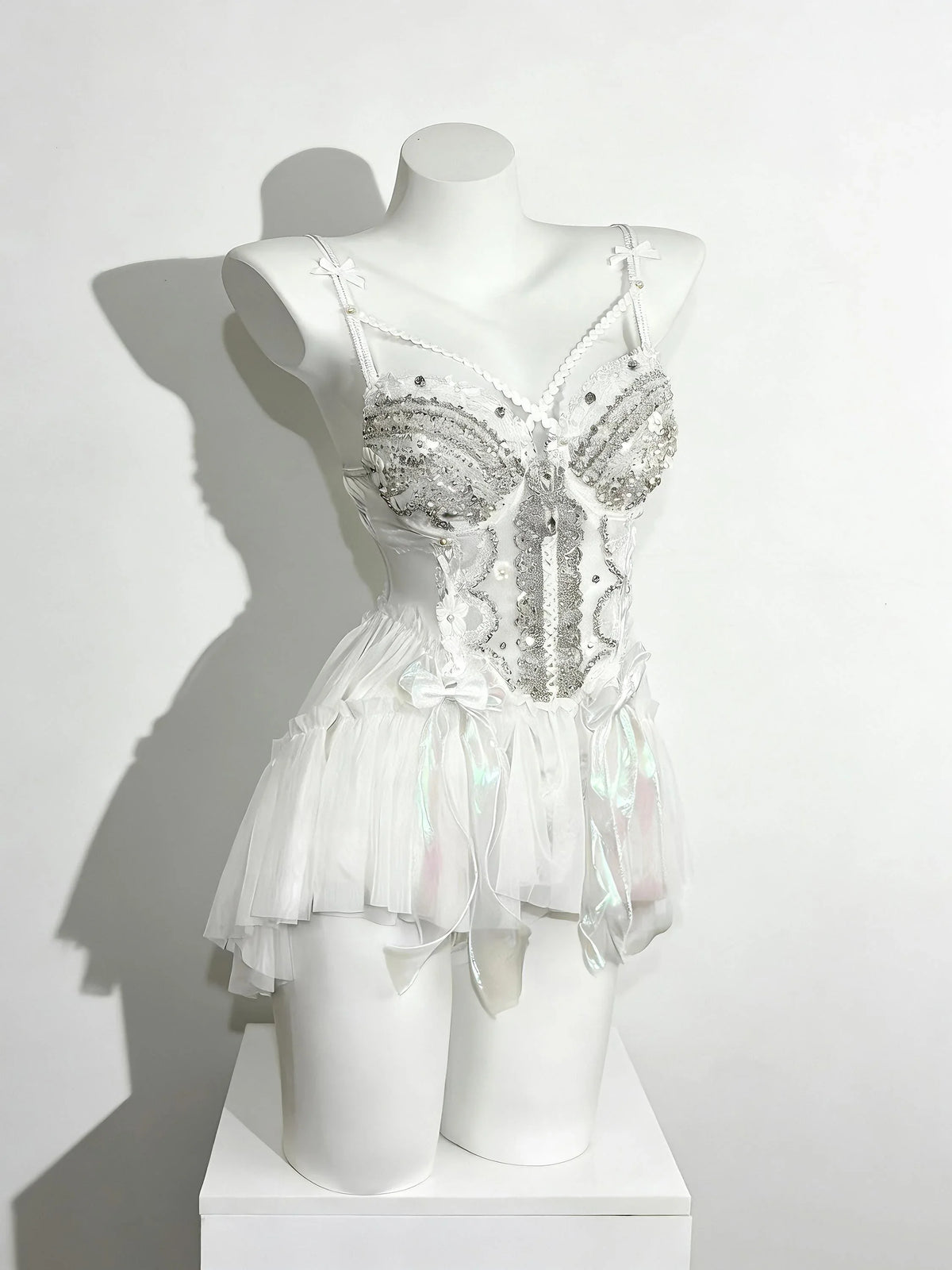 Angelic white rave corset set with pearl embellishments by AVRY