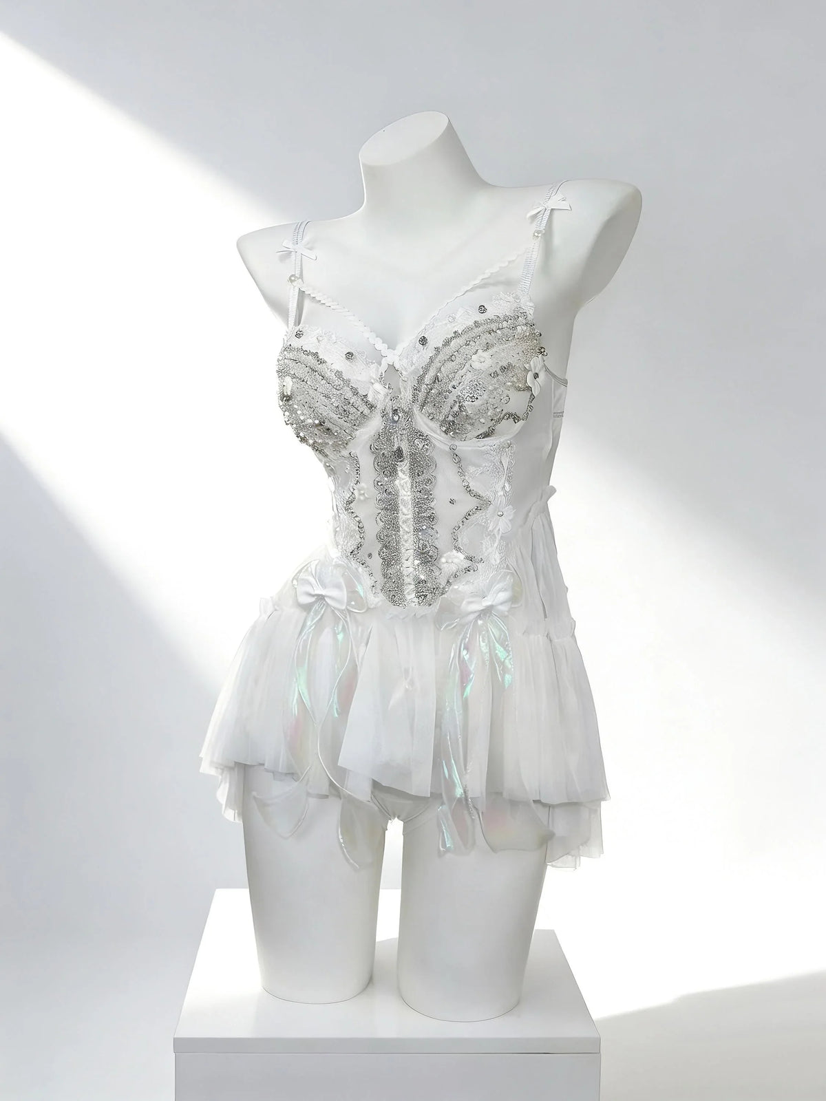 White crystal fairy outfit for festival and rave styling by AVRY