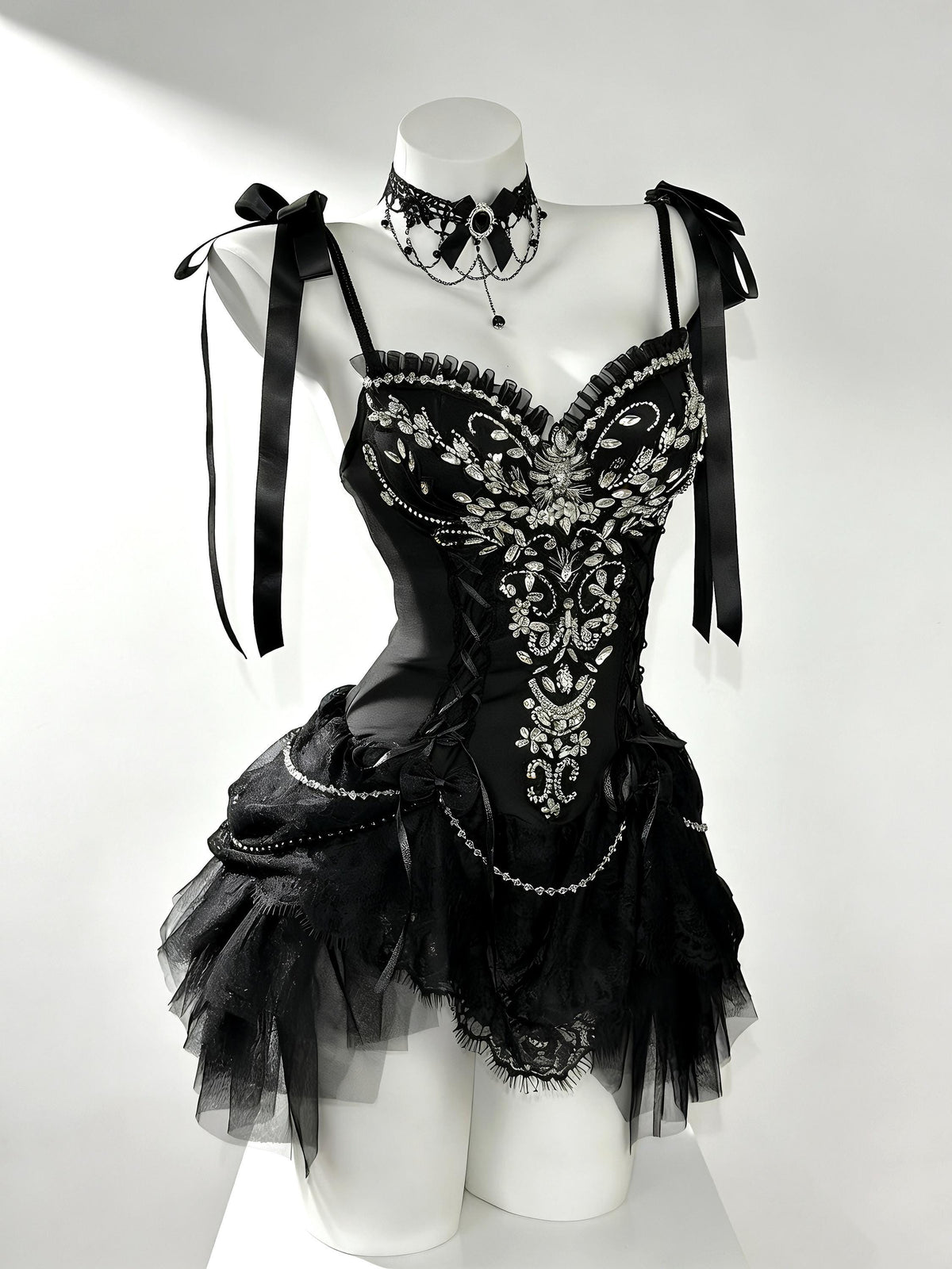 Gothic black corset dress with lace bustier and matching skirt