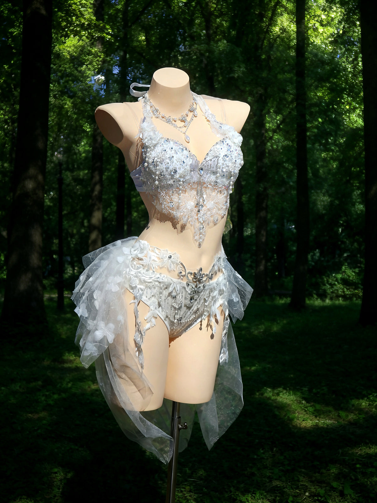 AVRY-Crystal Rave fairy outfit with rhinestone top and soft mesh draping