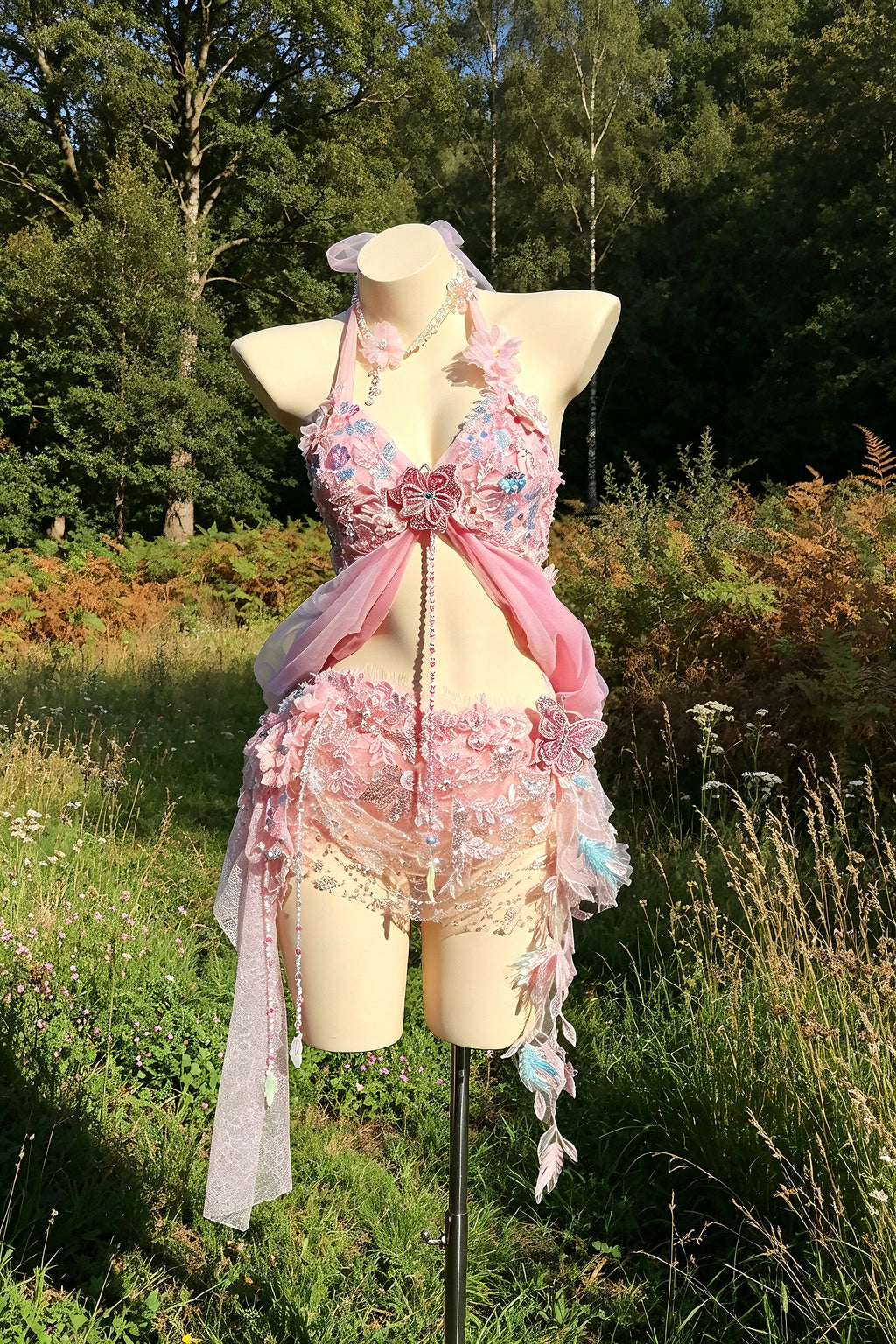 Aster New Forest Collection set by AVRY featuring blush florals, crystal accents and layered sheer draping