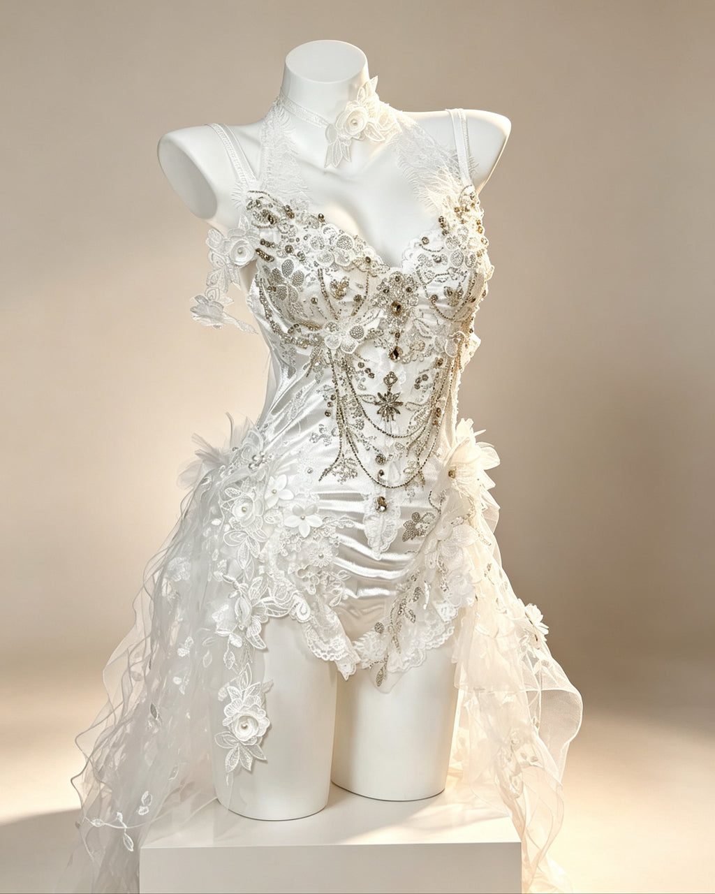 Vesper ivory floral lace bodysuit with sculpted crystal embellishments and draped choker – side view | AVRY