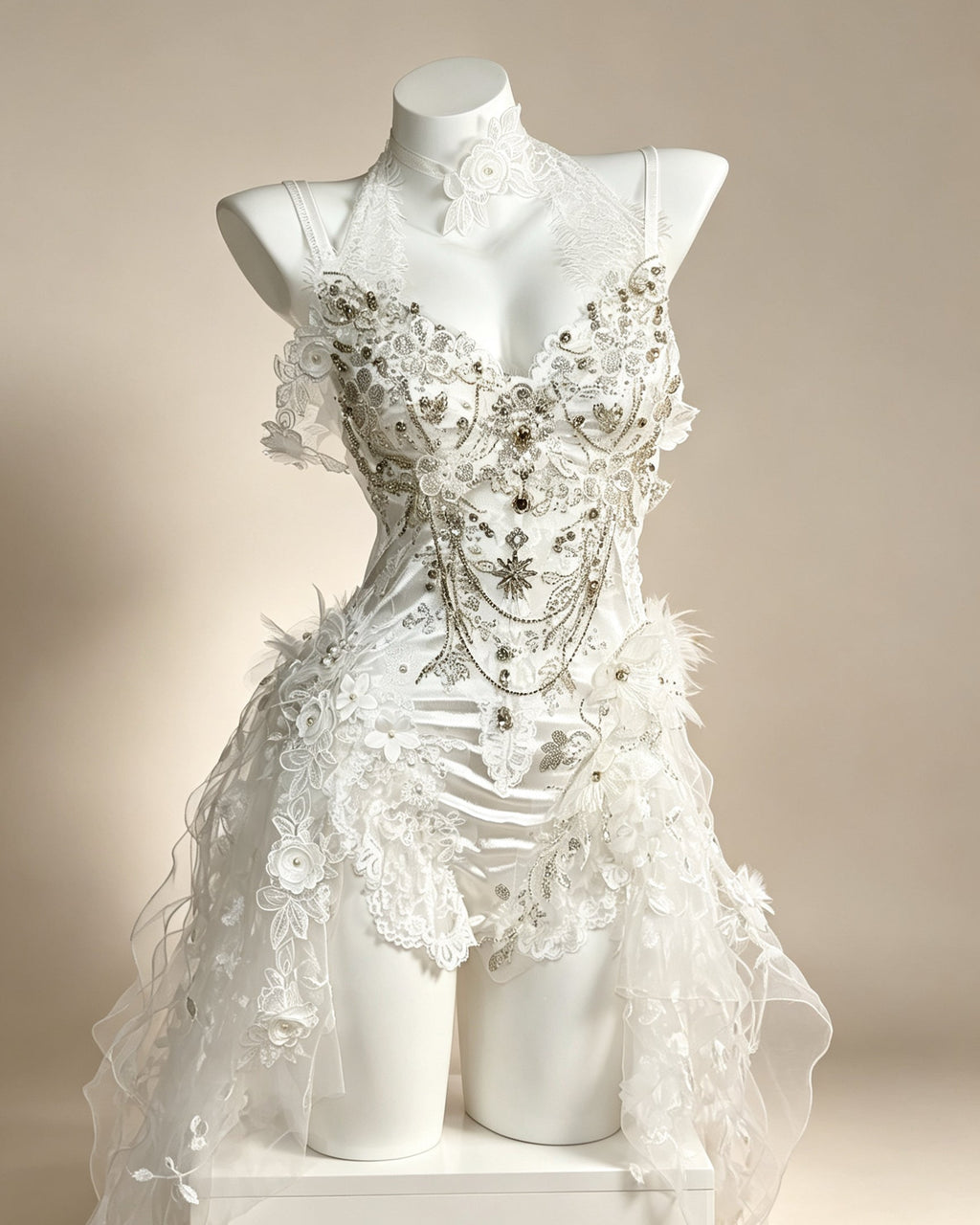 Vesper ivory embellished bodysuit with floral appliqué, crystal detailing and cascading lace panels – front view | AVRY