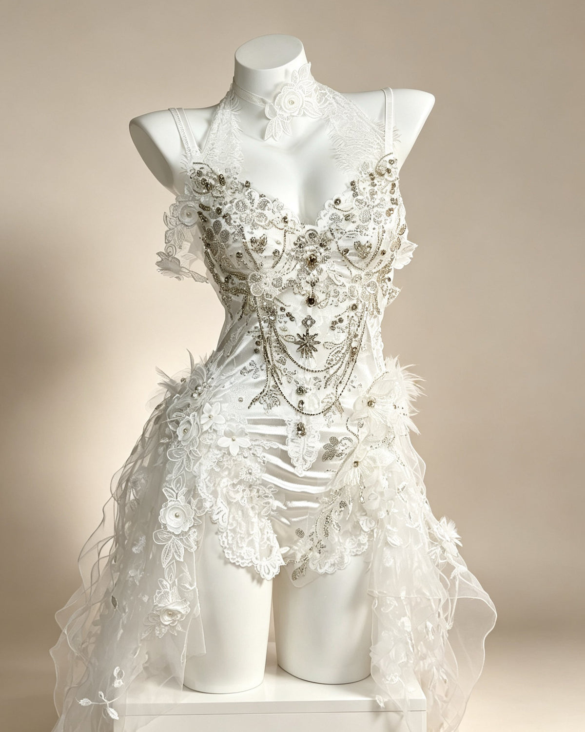 Vesper ivory embellished bodysuit with floral appliqué, crystal detailing and cascading lace panels – front view | AVRY