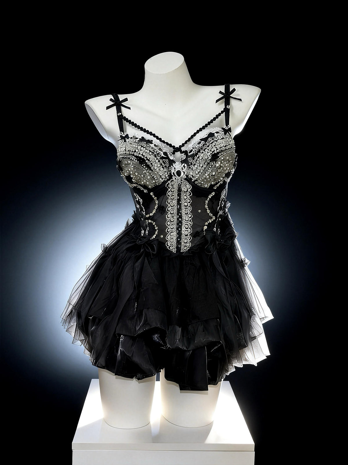 AVRY Clytia black jellyfish rave outfit with crystal embellishments and layered bloomers skirt.