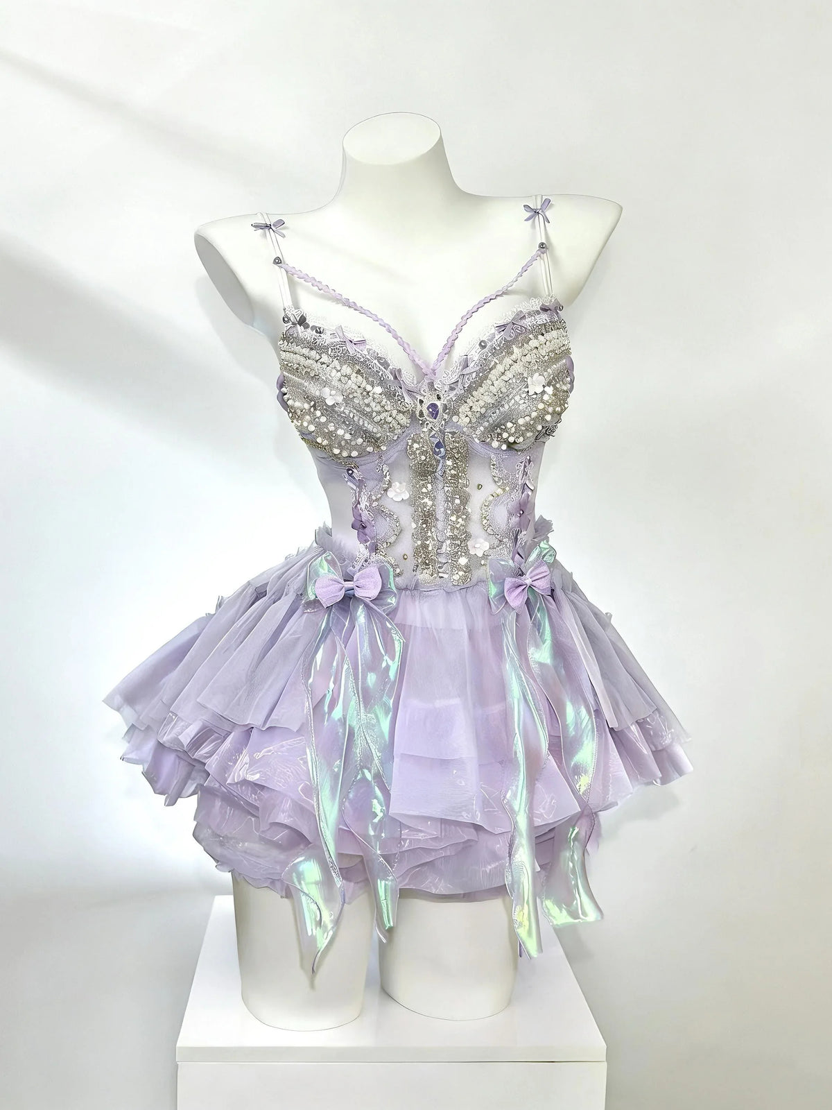 AVRY Clytia lavender jellyfish-inspired festival outfit with layered ruffles and fairycore styling.