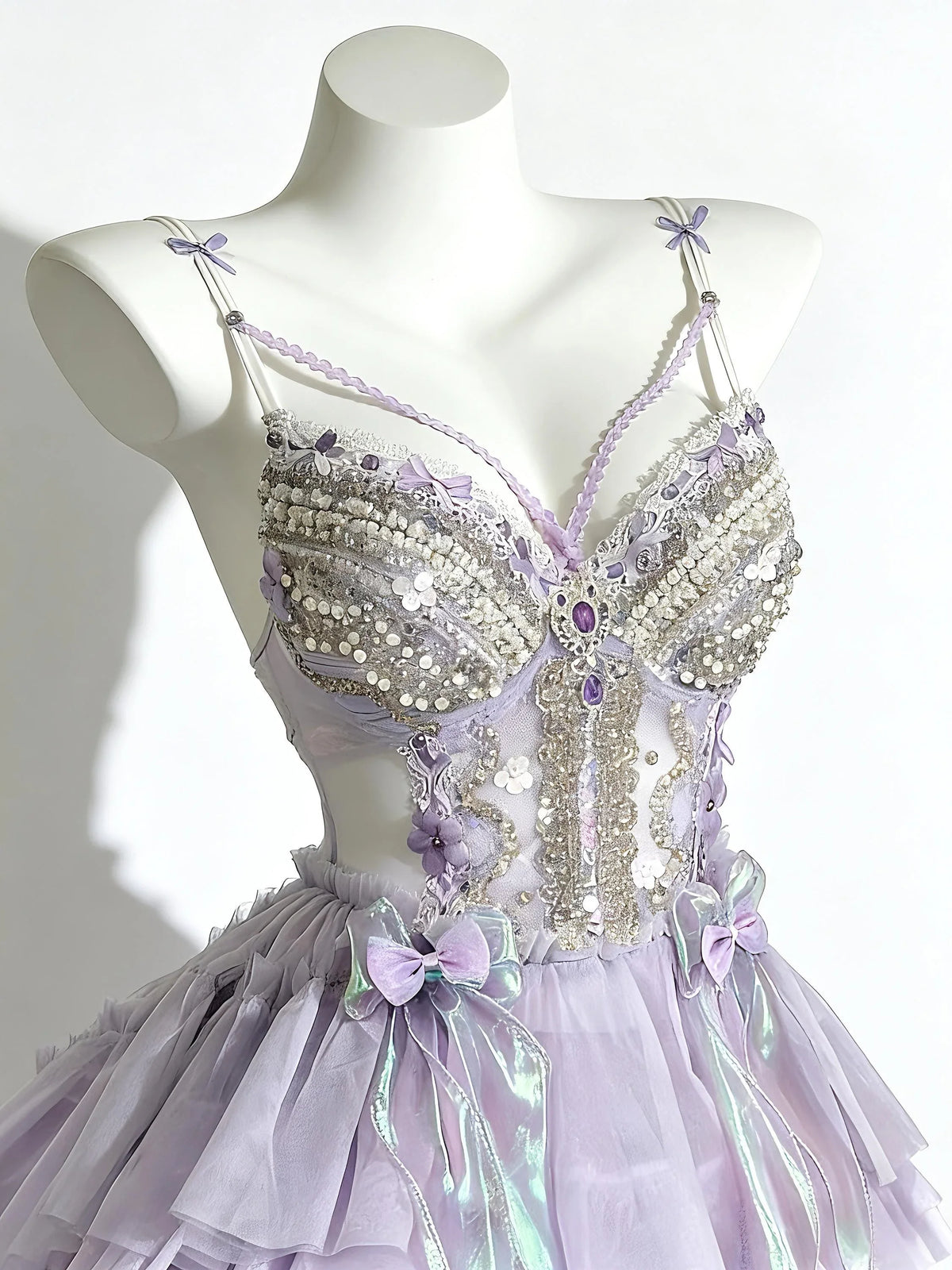 AVRY Clytia lavender jellyfish-inspired festival outfit with layered ruffles and fairycore styling.