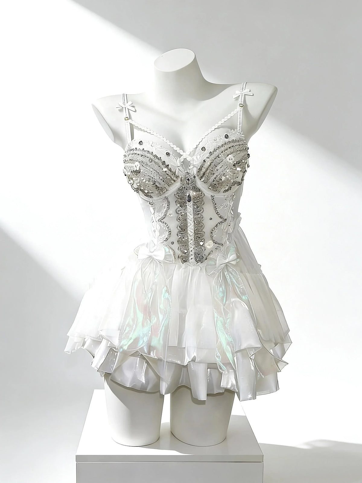 White fairy rave outfit with crystal corset details by AVRY