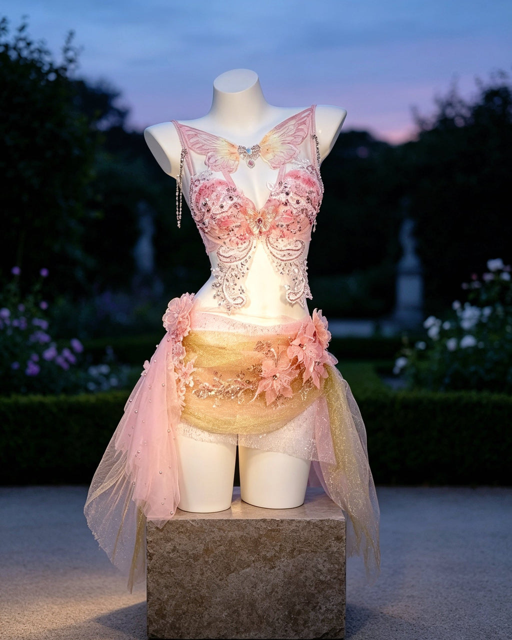 Faye blush butterfly rave set from AVRY with built-in bra top, crystal embellishments and sheer wrap skirt, front view
