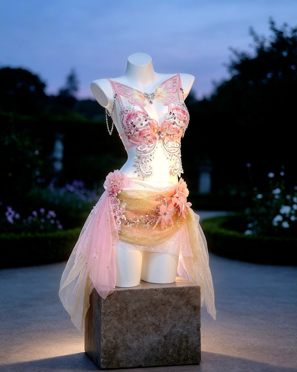 Faye crystal butterfly rave set from AVRY with blush floral embroidery, sparkling embellishments and sheer draping, detail view
