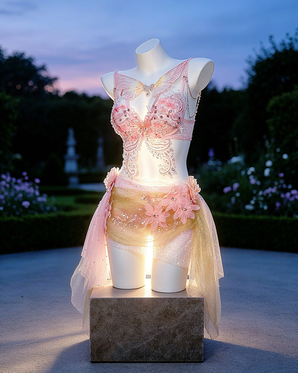 Faye pink fairy rave outfit from AVRY with embroidered butterfly details, crystal draping and sheer layered skirt, side view