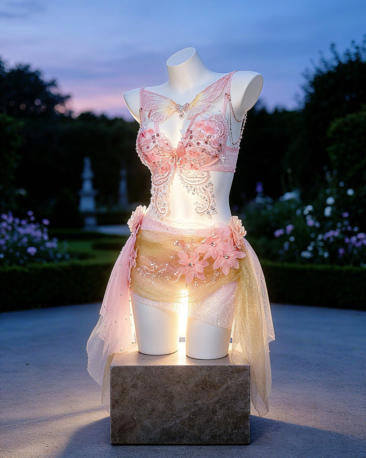 Faye pink fairy rave outfit from AVRY with embroidered butterfly details, crystal draping and sheer layered skirt, side view