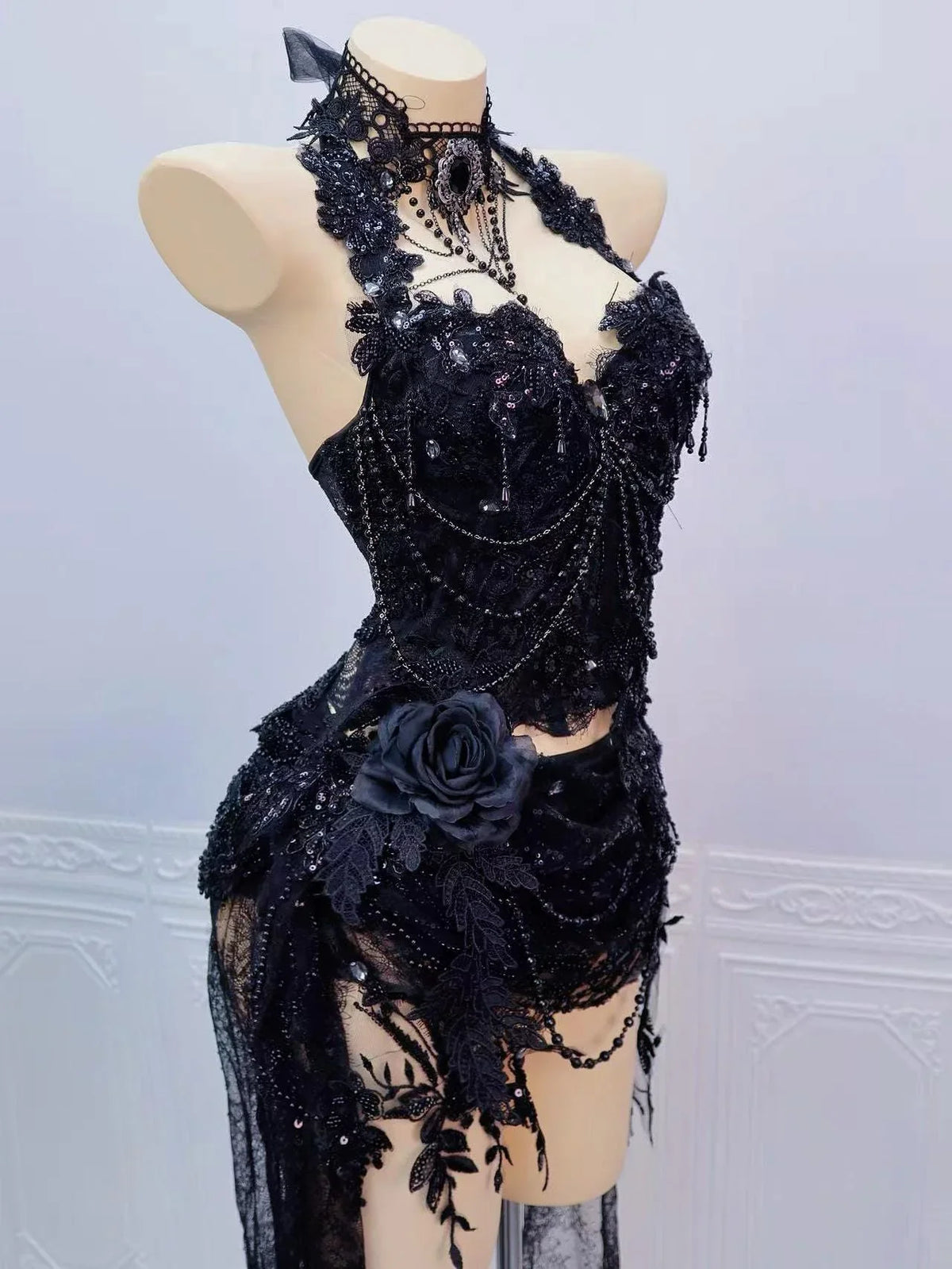 AVRY Odette Set full look with black gothic corset outfit, floral accents and dark romantic rave styling.