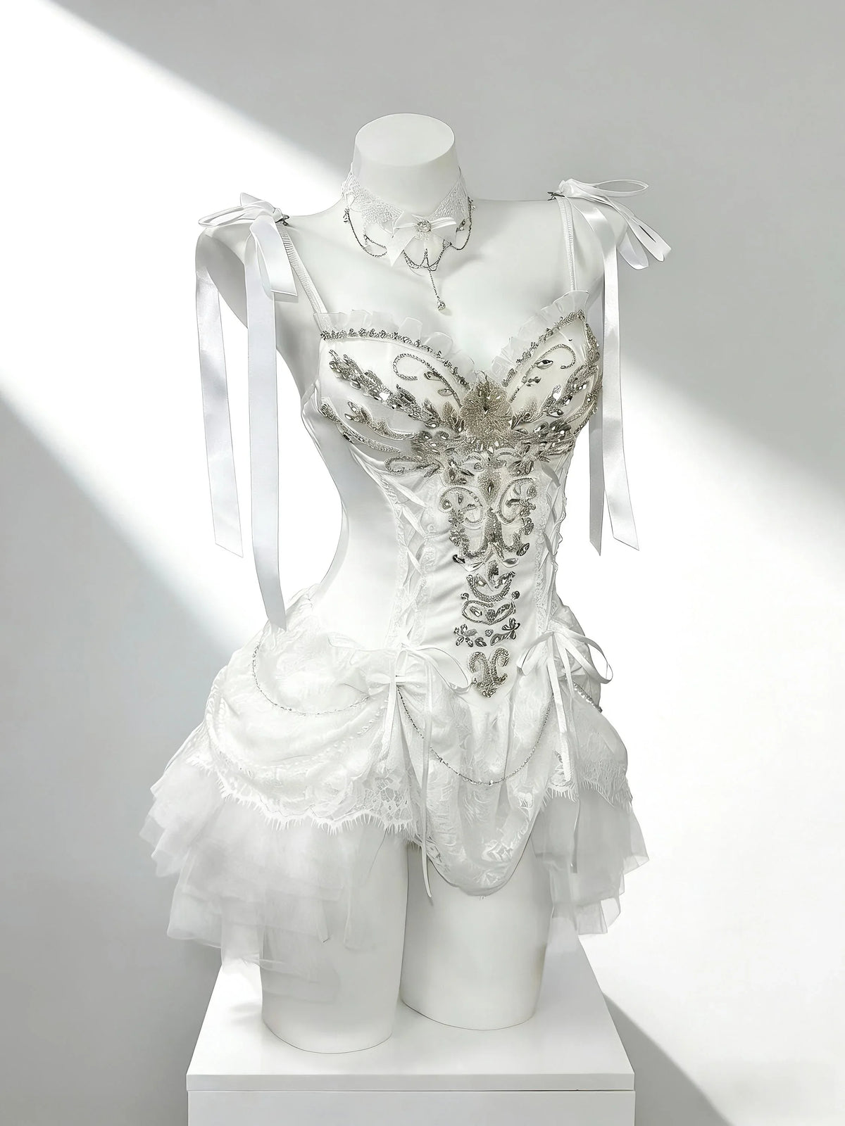 Baroque corset dress with white lace and silver embroidery
