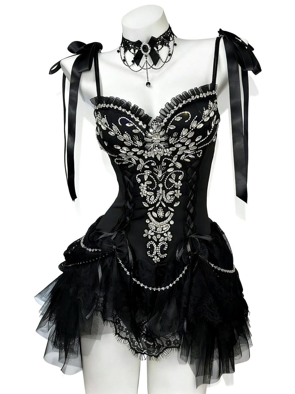 Black lace corset set with crystal details and gothic choker