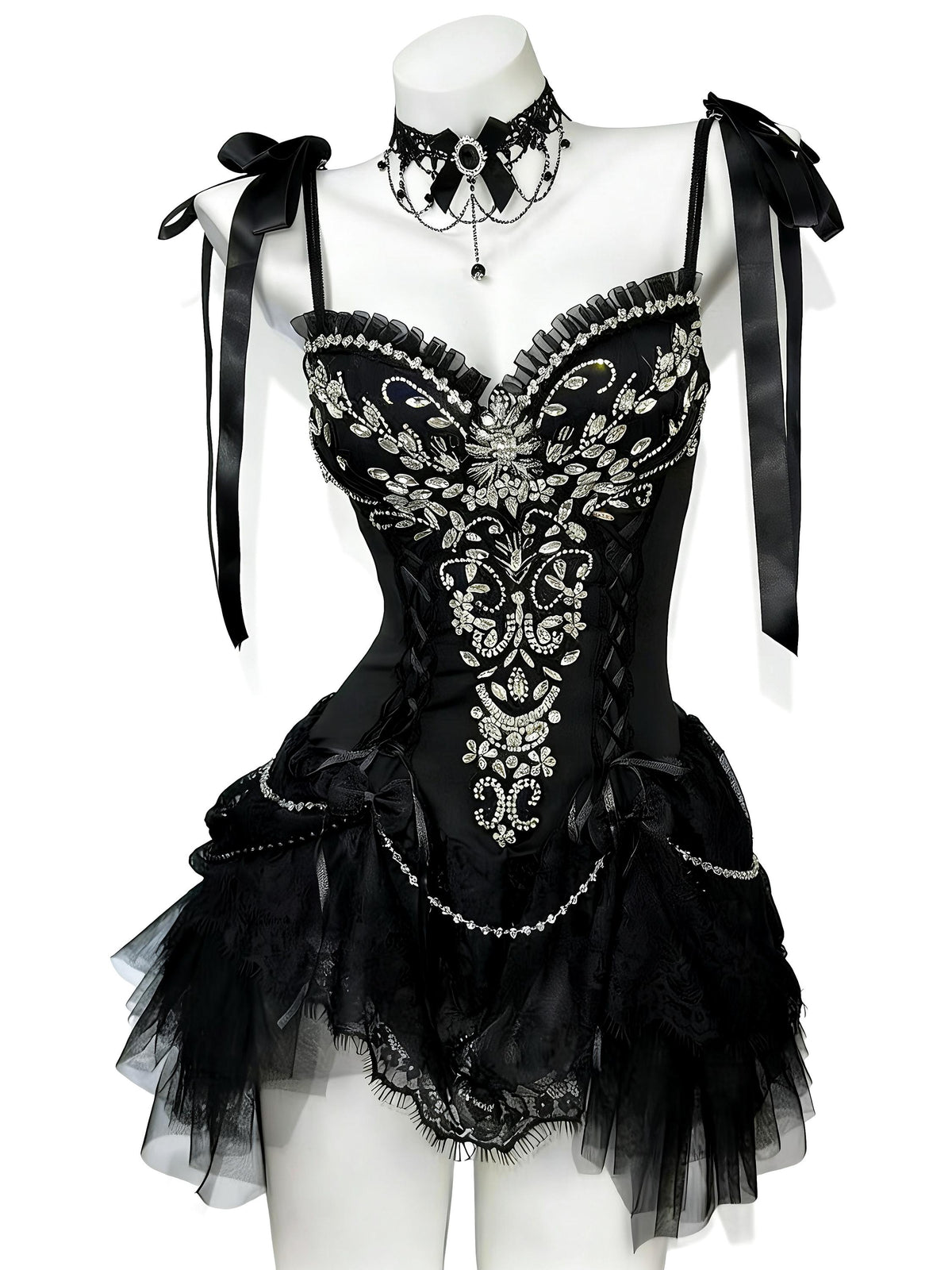 Black lace corset set with crystal details and gothic choker