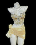 Champagner Rave Korsett Set, Nude Goddess Festival Outfit, Perlenbesetztes Spitzen-Bustier, Transparenter Wickelrock, Burning Man Luxus Zweiteiler