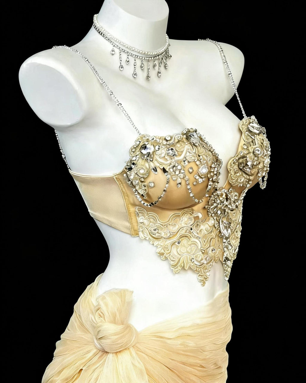 Champagner Rave Korsett Set, Nude Goddess Festival Outfit, Perlenbesetztes Spitzen-Bustier, Transparenter Wickelrock, Burning Man Luxus Zweiteiler